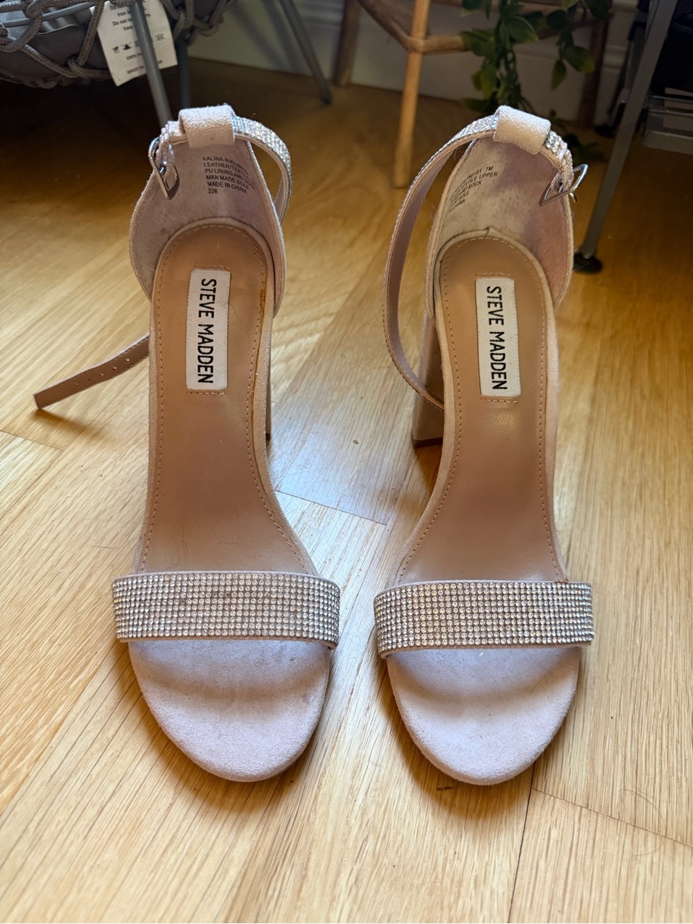 Steve Madden Pink Crystal-Embellished Suede Ankle Strap Sandals
